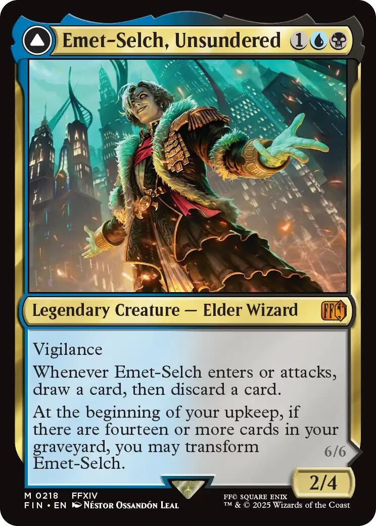 Emet-Selch, Unsundered card featuring a legendary creature with vibrant colors and a mystical background, showcasing its abilities.