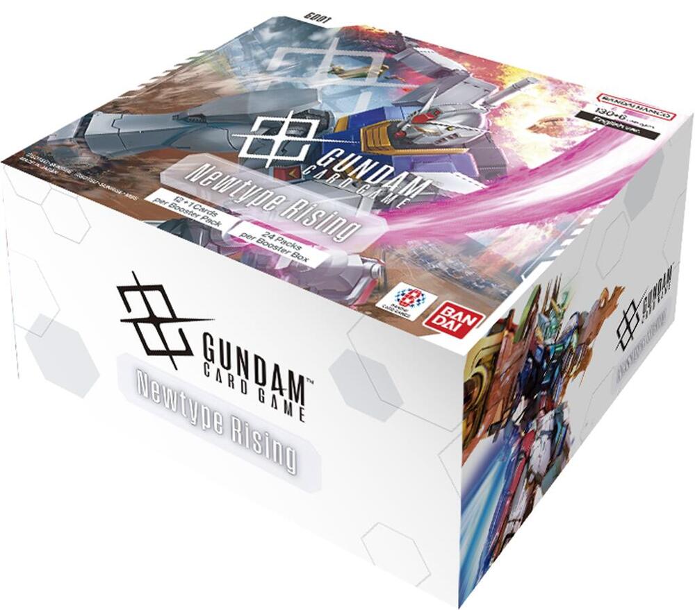Gundam Card Game Newtype Rising Booster Box featuring dynamic artwork of Gundam mechs and game branding.