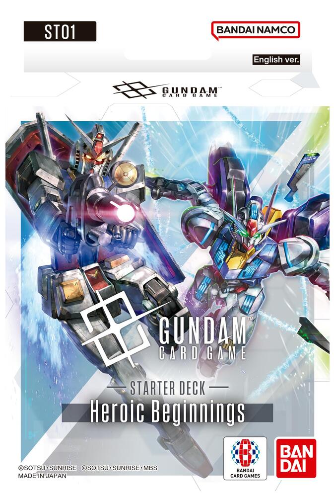 Gundam Card Game Starter Deck Heroic Beginnings featuring dynamic artwork of iconic Gundam mechs in action.