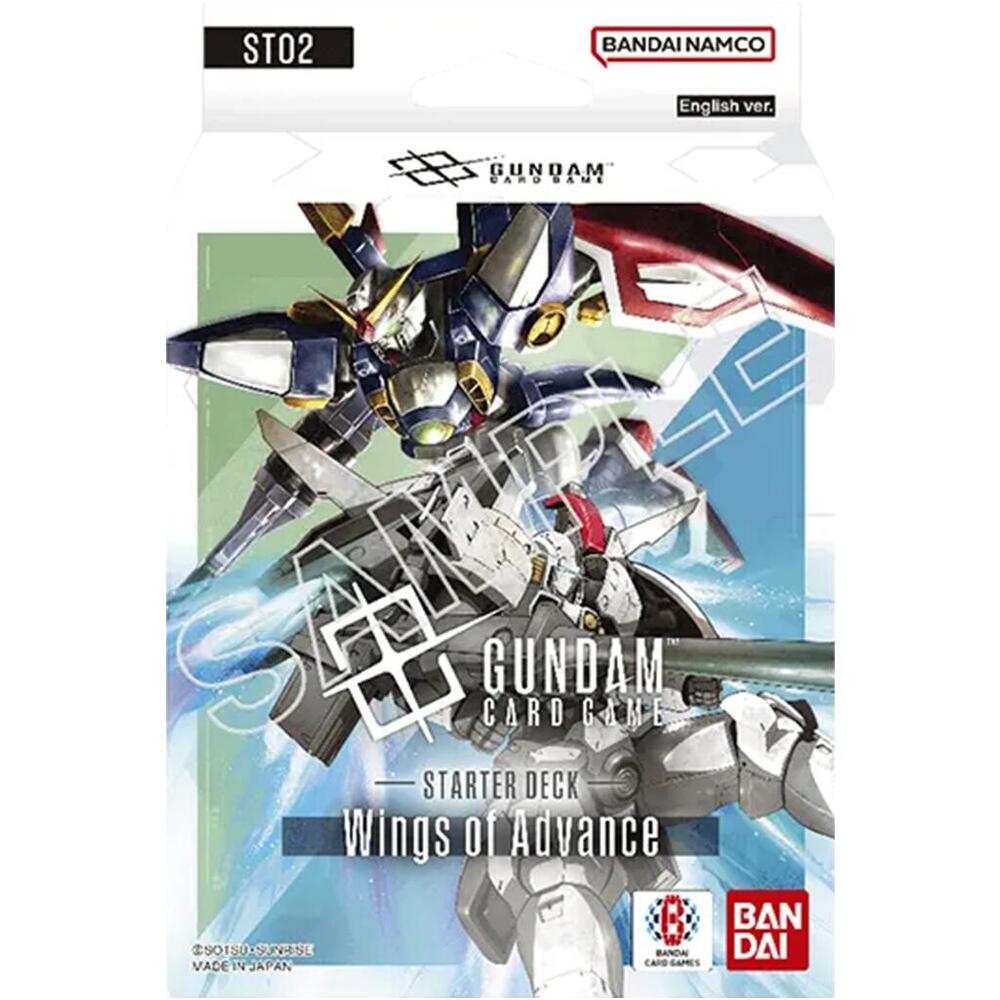 Gundam Card Game Starter Deck Wings of Advance ST02 packaging featuring iconic Gundam mechs in action.