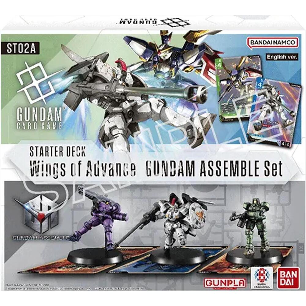 Gundam Card Game Starter Deck Assemble Set Wings of Advance featuring miniatures and cards for strategic gameplay.
