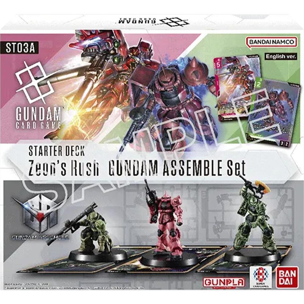 Gundam Card Game Starter Deck Assemble Set featuring Zeon's Rush with miniatures and cards for strategic gameplay.