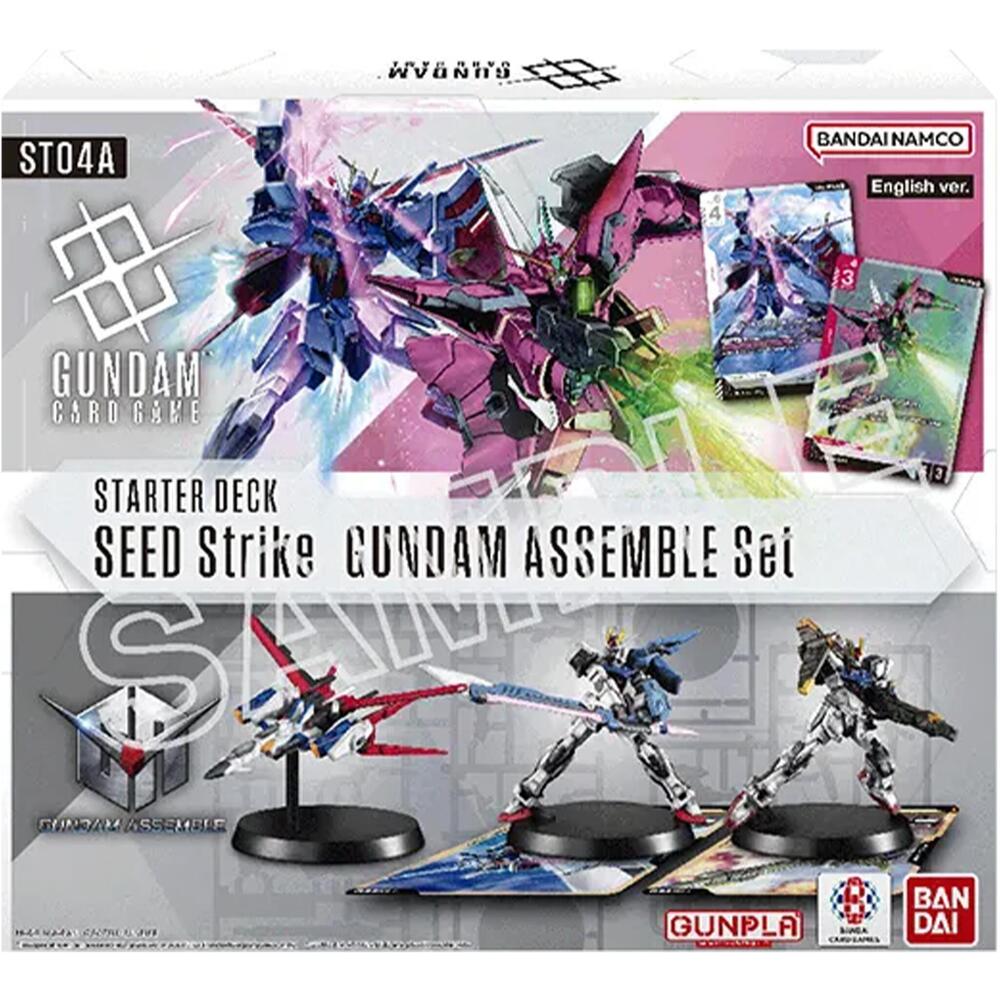 Gundam Card Game Starter Deck Assemble Set SEED Strike featuring miniatures and cards for strategic gameplay.