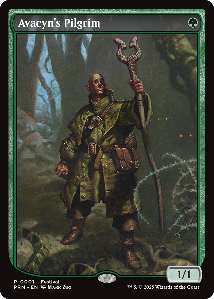Avacyn's Pilgrim card features a cloaked figure holding a staff, set in a mystical forest with glowing elements.