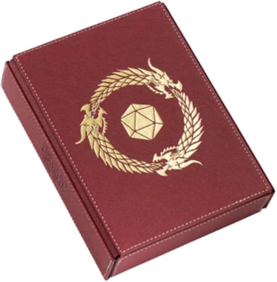 Blood red dice companion box featuring a gold dragon design and a central geometric shape, ideal for tabletop gaming.