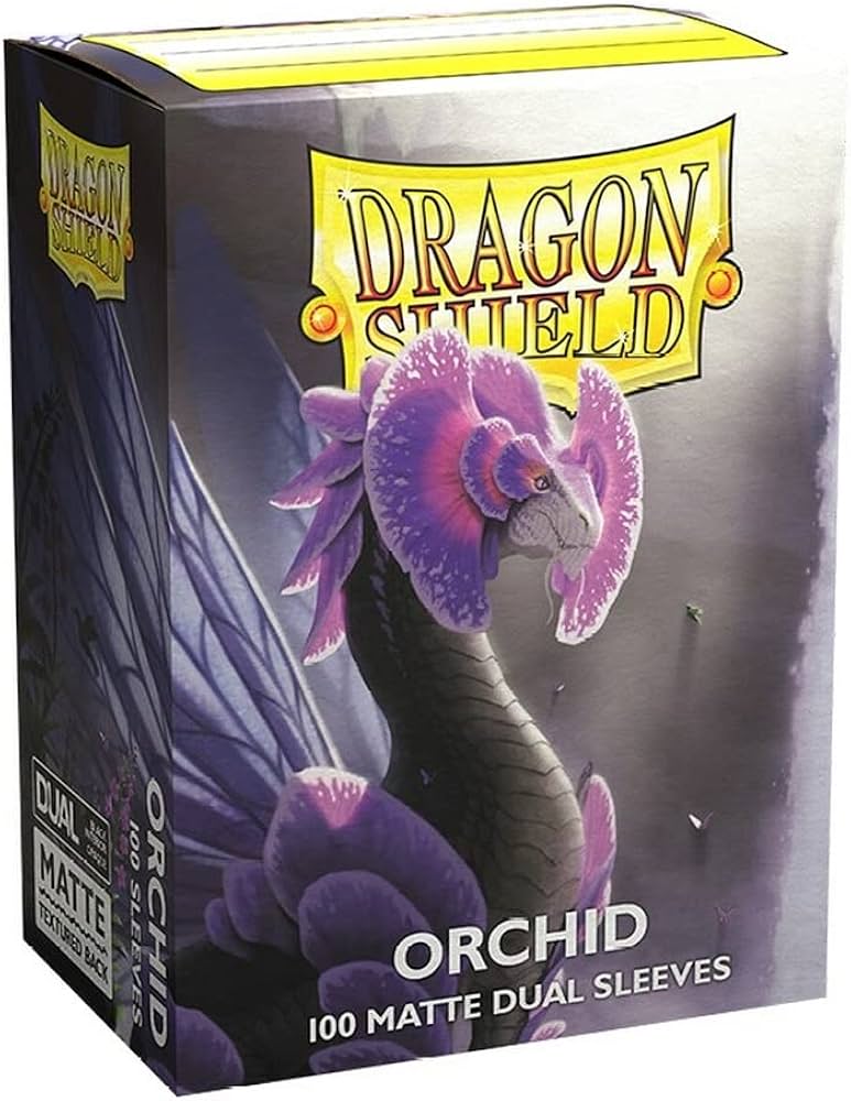 Dragon Shield Orchid Matte Dual Card Sleeves box featuring a purple dragon design, containing 100 protective sleeves.