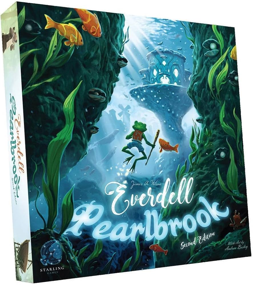 Everdell: Pearlbrook Expansion 2nd Edition box featuring underwater scenery with a frog, fish, and a whimsical structure.