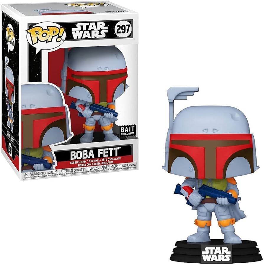 Funko Pop! Boba Fett figure from Star Wars #297, featuring the character in iconic armor with a blaster, next to its box.