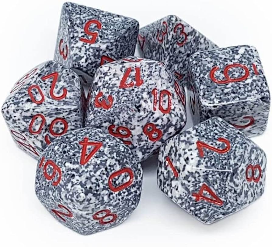 Chessex Speckled Poly Granite 7ct dice set featuring gray and black speckled design with red numbers. Ideal for tabletop games.