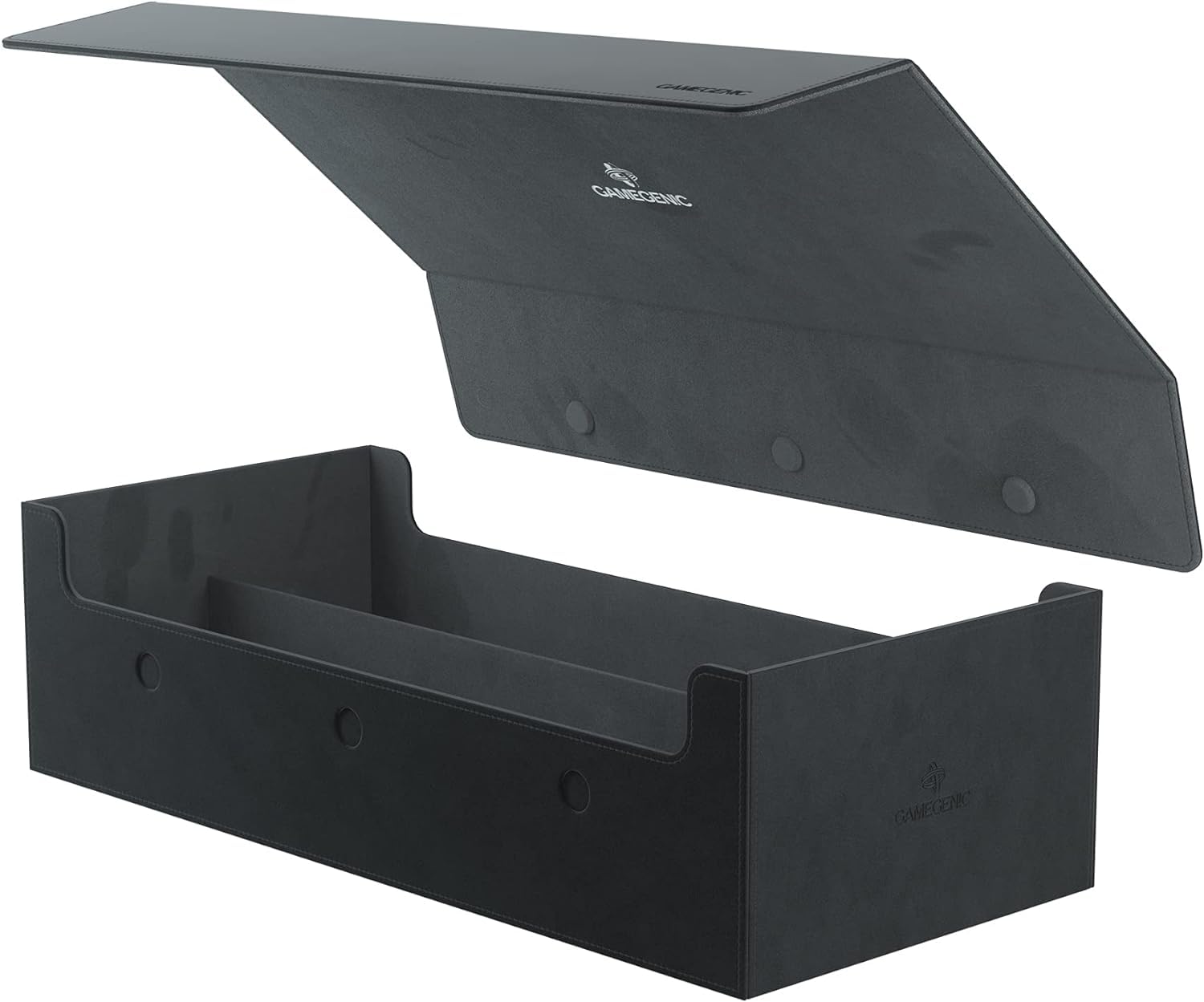 Game Genic Deck Box Dungeon 1100+ Convertible in black, featuring a spacious interior and a hinged lid for easy access.