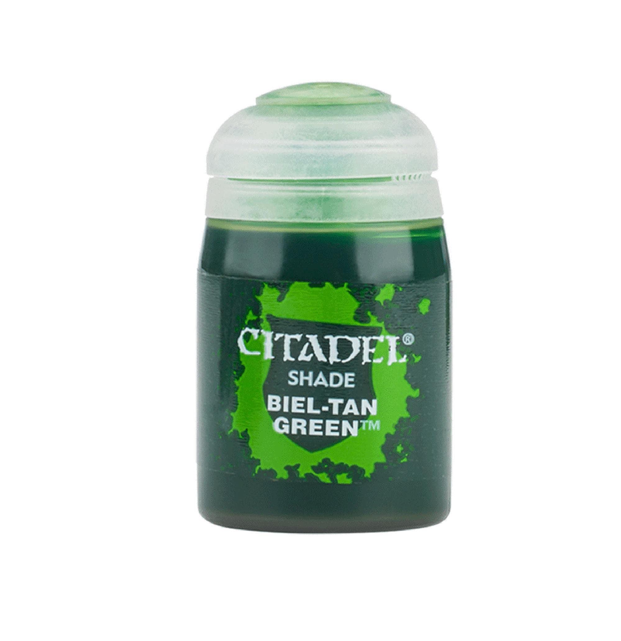 Citadel Colour Shade Paint in Biel-Tan Green, 18ml bottle, featuring a dark green color with a splash design.
