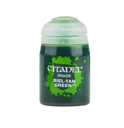 Citadel Colour Shade Paint in Biel-Tan Green, 18ml bottle, featuring a dark green color with a splash design.