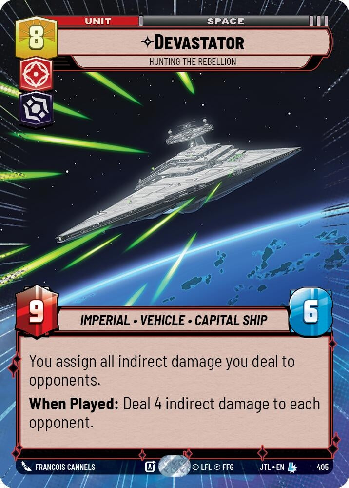 Devastator card from Jump to Lightspeed featuring a capital ship in space, with game stats and abilities displayed.