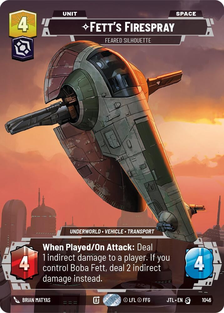 Fett's Firespray card featuring a detailed illustration of the iconic starship with game stats and abilities listed.
