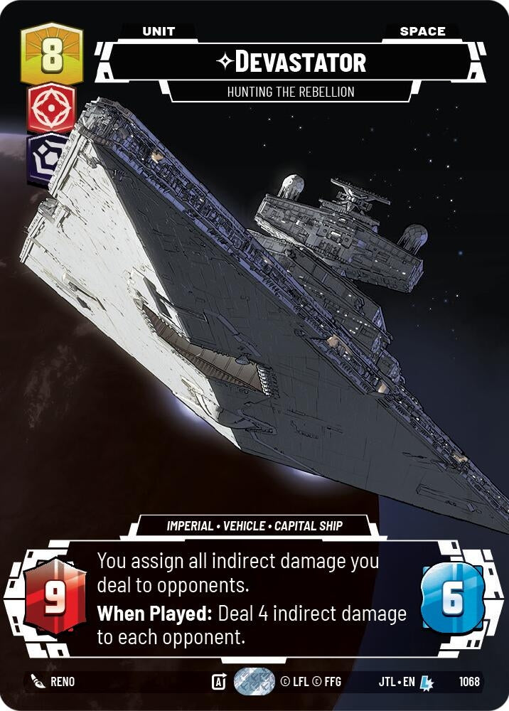 Devastator card from Jump to Lightspeed featuring an Imperial capital ship with stats and abilities for gameplay.