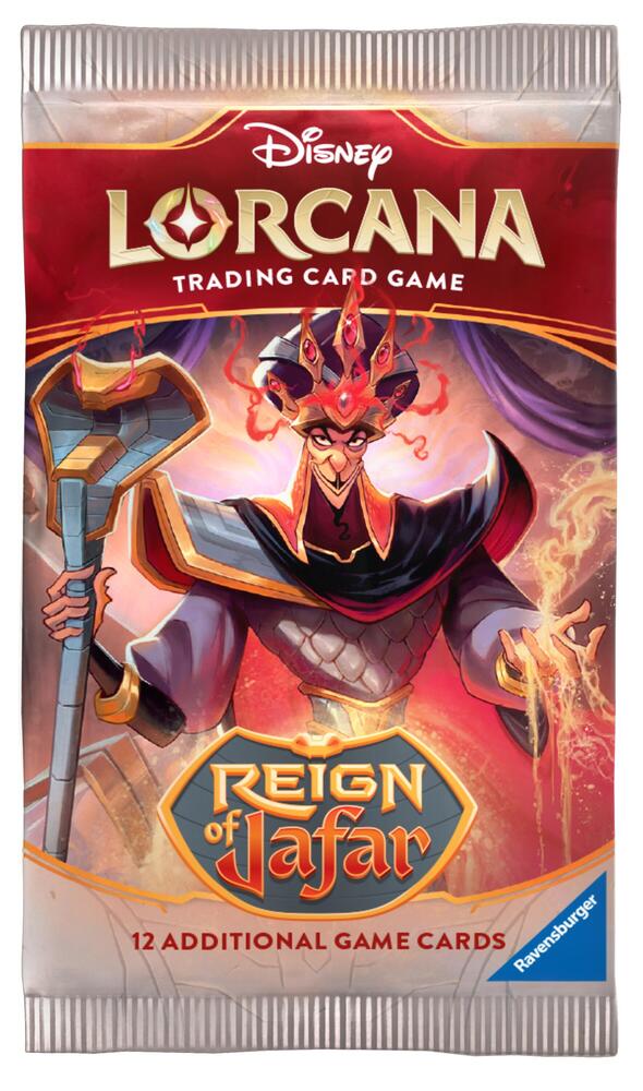 Disney Lorcana Reign of Jafar booster pack featuring Jafar, with vibrant artwork and text highlighting 12 additional game cards.