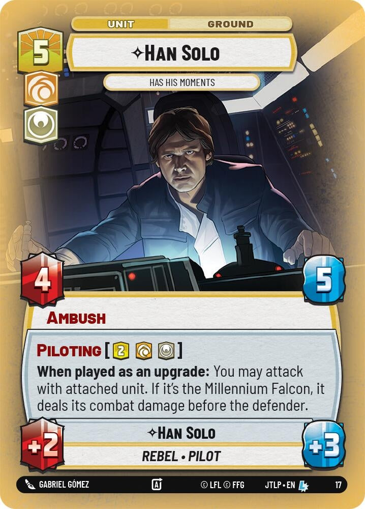 Han Solo character card featuring stats and abilities for a tabletop game, showcasing his piloting skills and ambush ability.