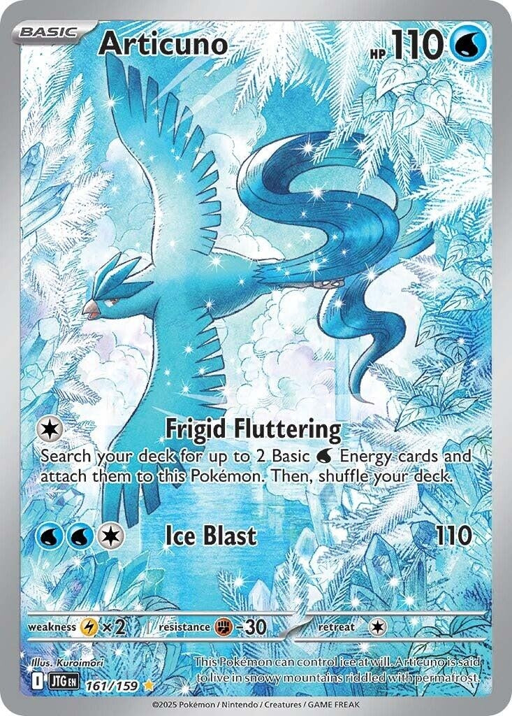 Articuno card featuring icy blue artwork, HP 110, and abilities Frigid Fluttering and Ice Blast.