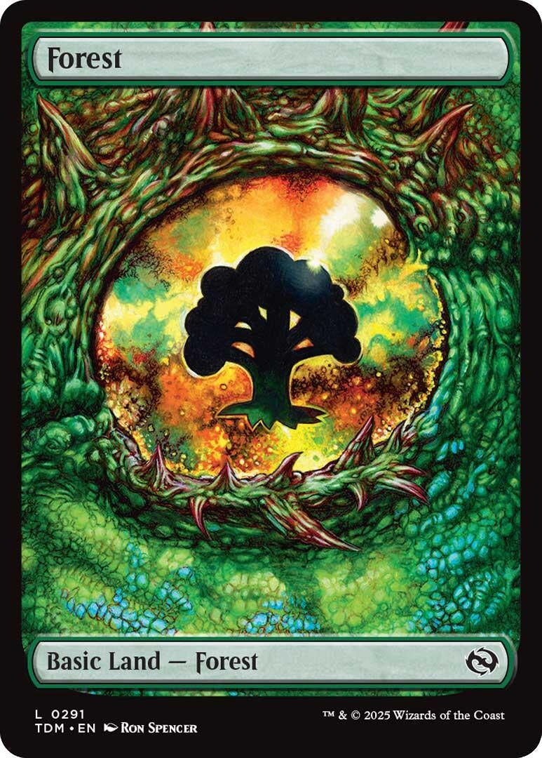 Forest card featuring a vibrant green landscape with a silhouette of a tree, labeled as Basic Land - Forest.