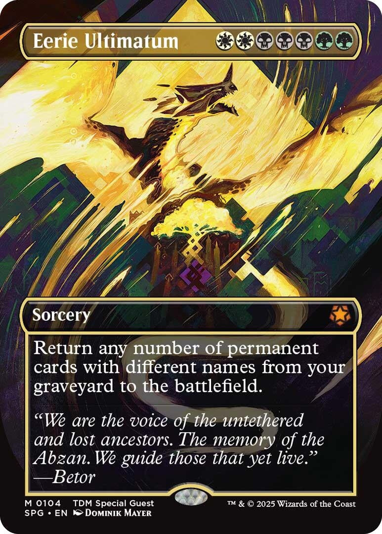 Eerie Ultimatum card featuring vibrant artwork and a sorcery effect that returns permanents from the graveyard to the battlefield.