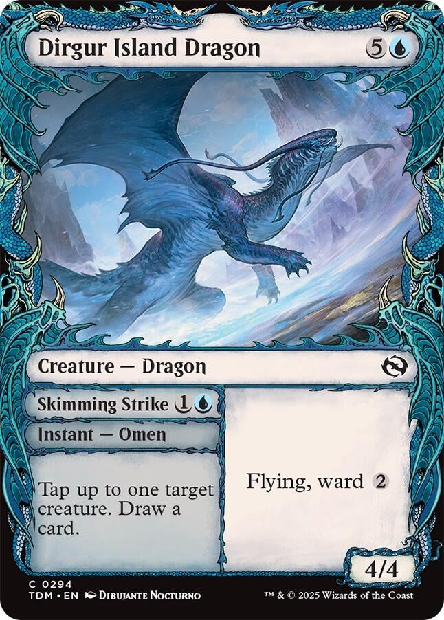 Dirgur Island Dragon card featuring a blue dragon with flying and ward abilities, showcasing its stats and effects.