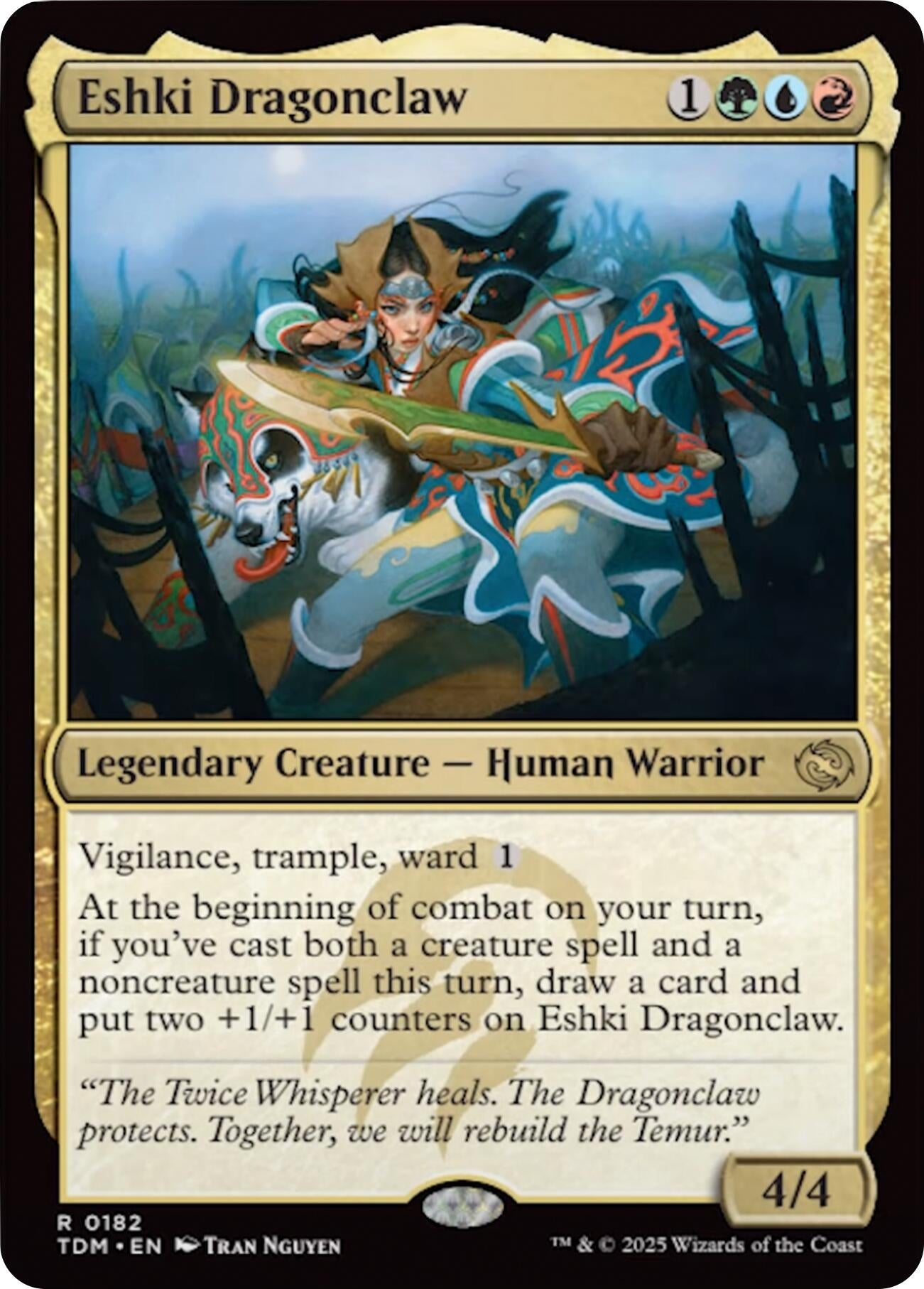 Eshki Dragonclaw card featuring a legendary human warrior with vibrant artwork, showcasing combat abilities and lore.