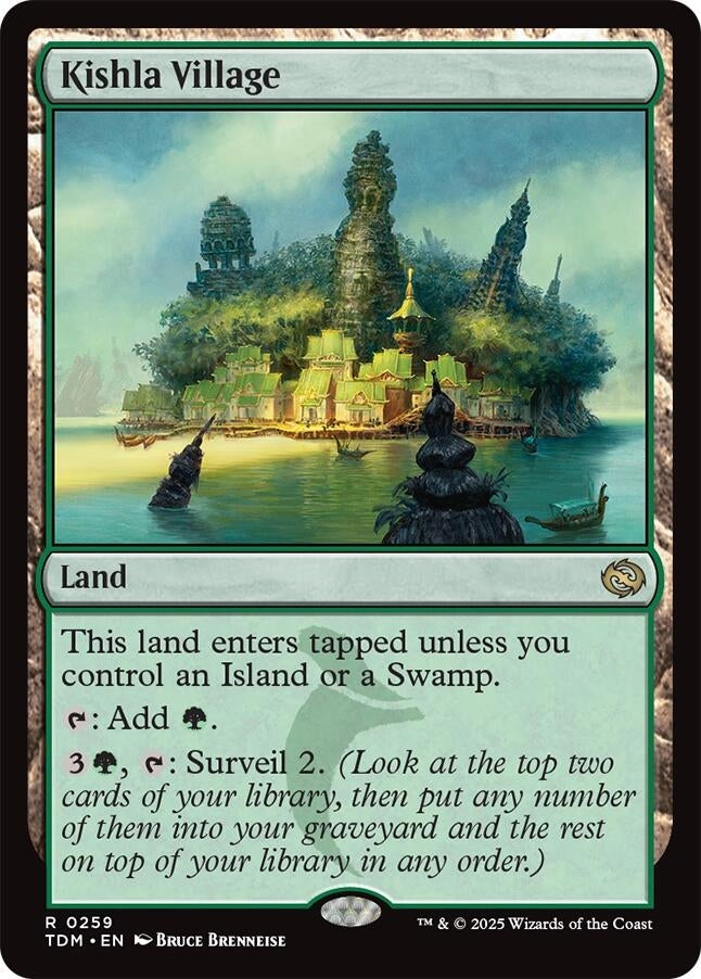 Kishla Village card featuring a lush landscape with a mystical village and water, labeled as a land card for gameplay.