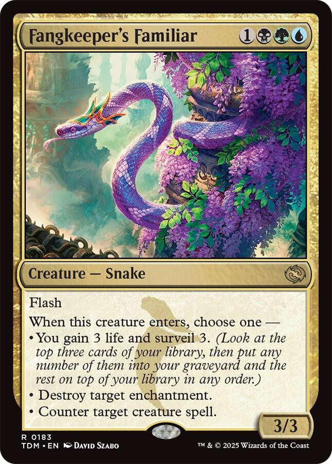 Fangkeeper's Familiar card featuring a vibrant snake entwined in lush foliage, showcasing its abilities and stats.