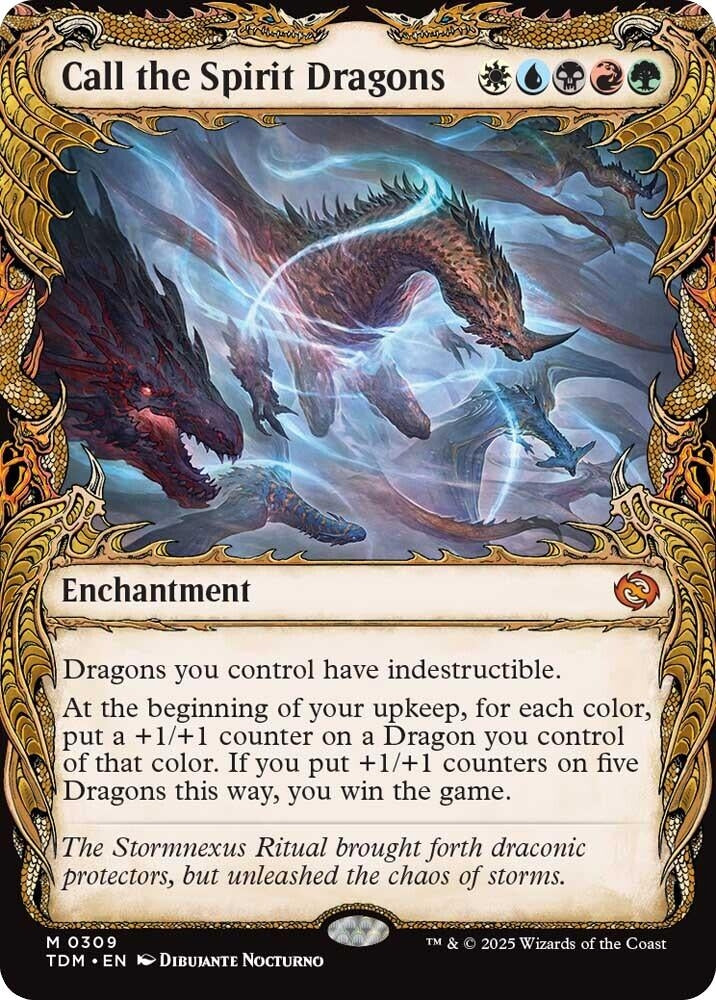 Call the Spirit Dragons enchantment card featuring two powerful dragons and game mechanics for enhancing dragon creatures.