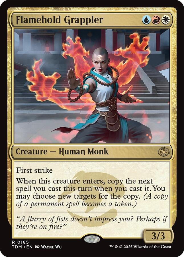 Flamehold Grappler card featuring a human monk in a dynamic pose, showcasing first strike ability and spell copying effect.