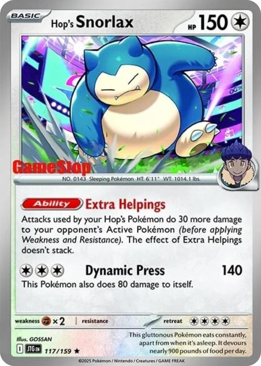 Hop's Snorlax card featuring a holographic design, showcasing its abilities and stats for Pokémon trading card game enthusiasts.