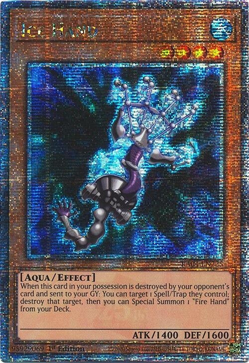 Ice Hand (Quarter Century Secret Rare) card featuring a robotic hand with multiple icy fingers, shimmering holographic design.
