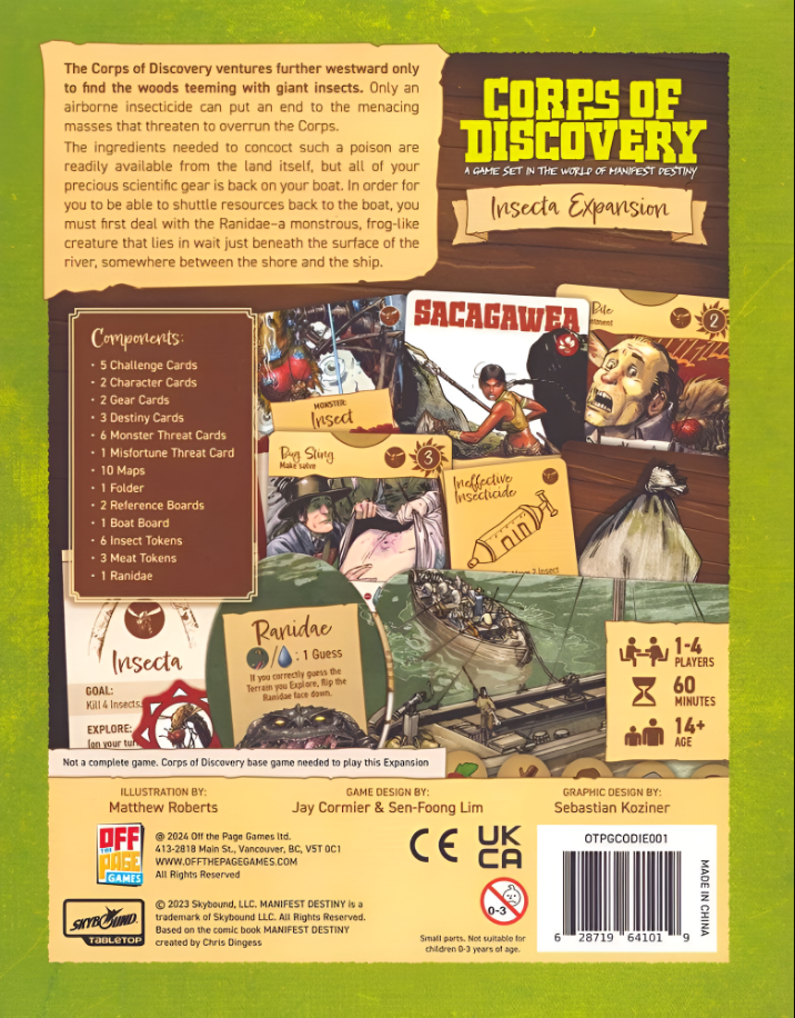 Back cover of Corps Of Discovery: Expansion 1 - Insecta, featuring components and gameplay details for the board game.