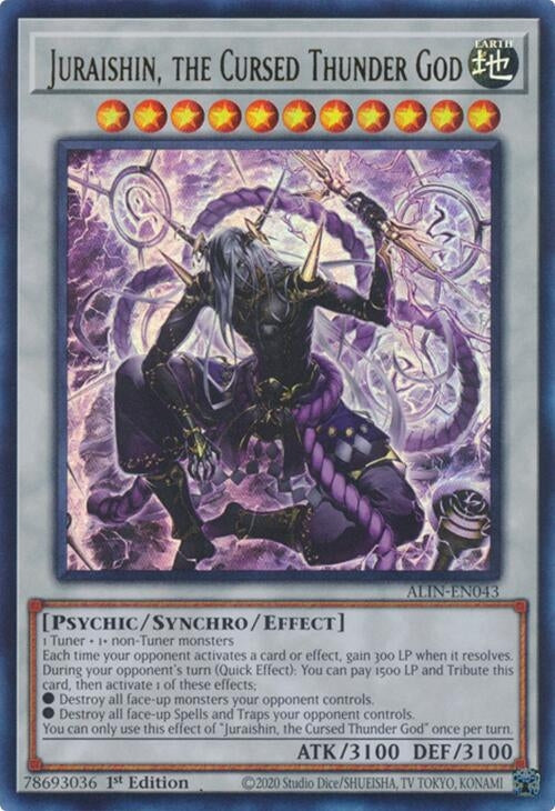 Juraishin, the Cursed Thunder God card featuring a dark, mystical figure with lightning effects, showcasing its stats and abilities.