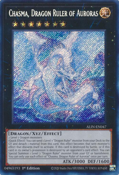 Yu-Gi-Oh! Sammelkarte 'Chasma, Dragon Ruler Of Auroras' – ALIN-EN047 Secret Rare 1. Auflage