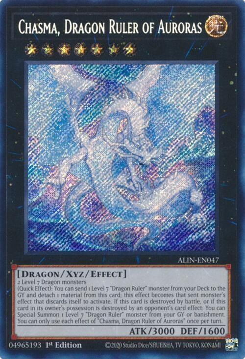 Chasma, Dragon Ruler of Auroras card featuring a blue dragon on a starry background with detailed stats and effects.