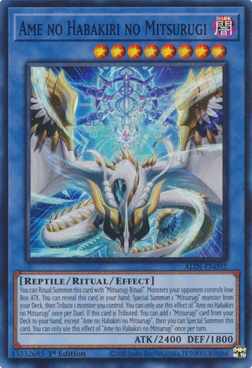 Ame no Habakiri no Mitsurugi card featuring a dragon design with blue and gold accents, showcasing its stats and effects.