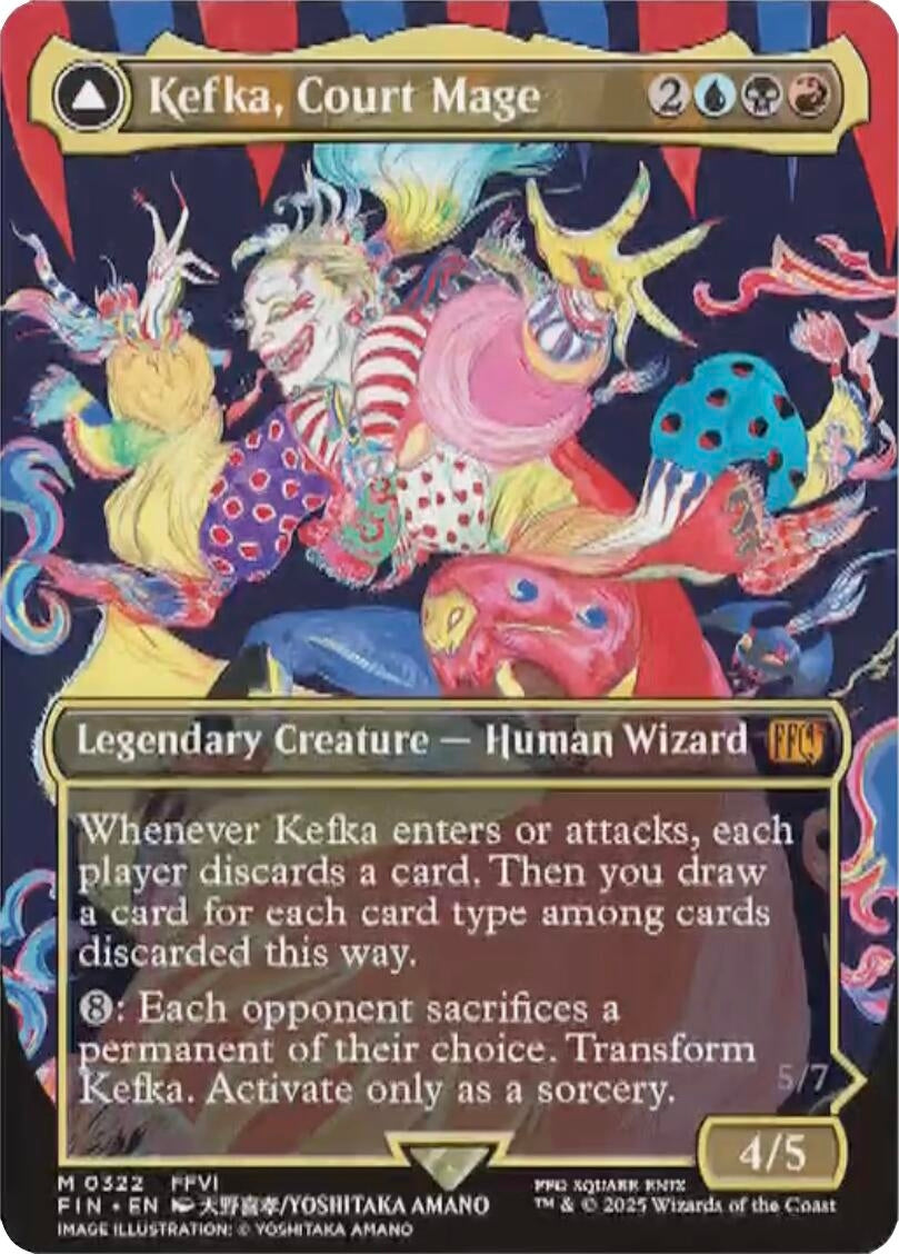 Kefka, Court Mage card featuring a colorful illustration of a jester-like character with magical elements and game stats.