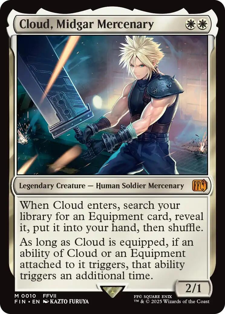 Cloud, Midgar Mercenary card featuring a heroic figure wielding a sword, showcasing stats and abilities for gameplay.
