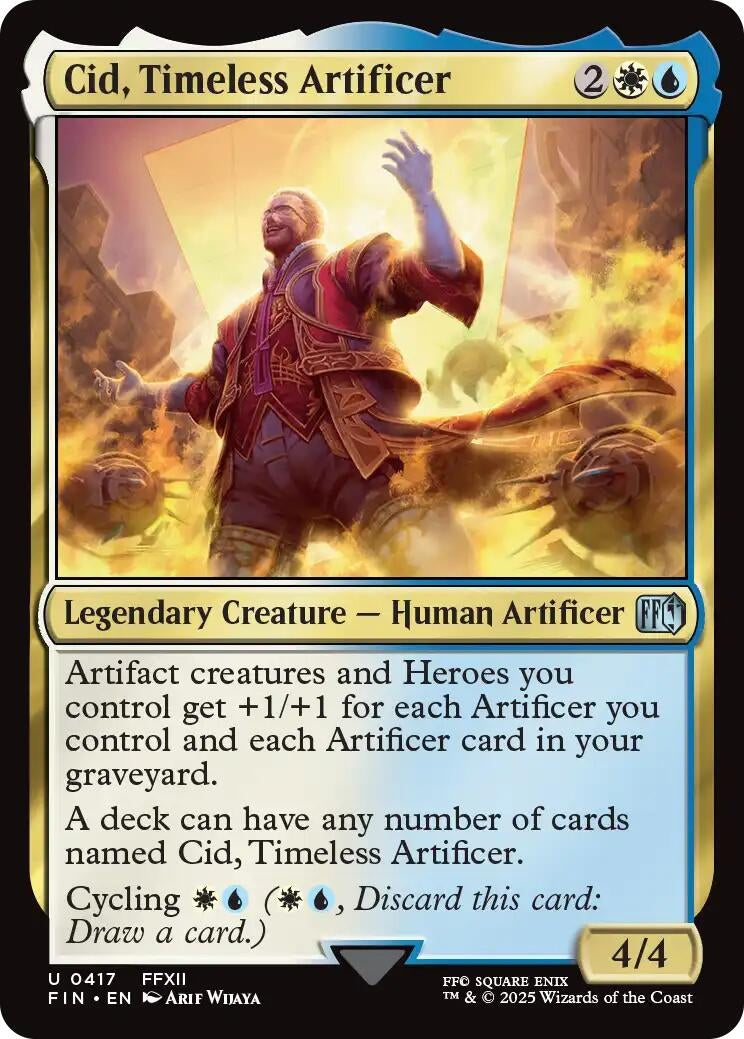 Cid, Timeless Artificer card featuring a legendary human artificer with blue and white colors, showcasing abilities related to artifacts and heroes.