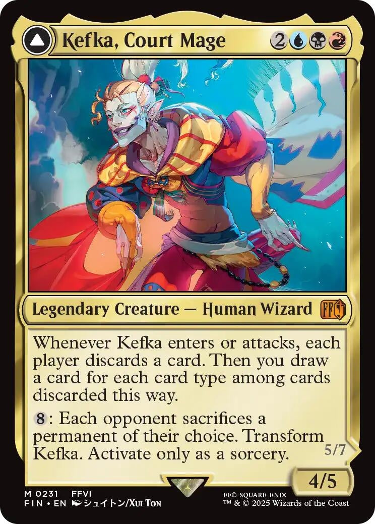 Kefka, Court Mage card featuring a colorful illustration of a wizard with a flowing cape, showcasing game stats and abilities.