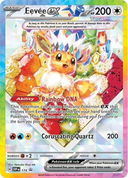 Eevee ex card featuring vibrant artwork, HP 200, and the ability Rainbow DNA, showcasing its evolution potential.