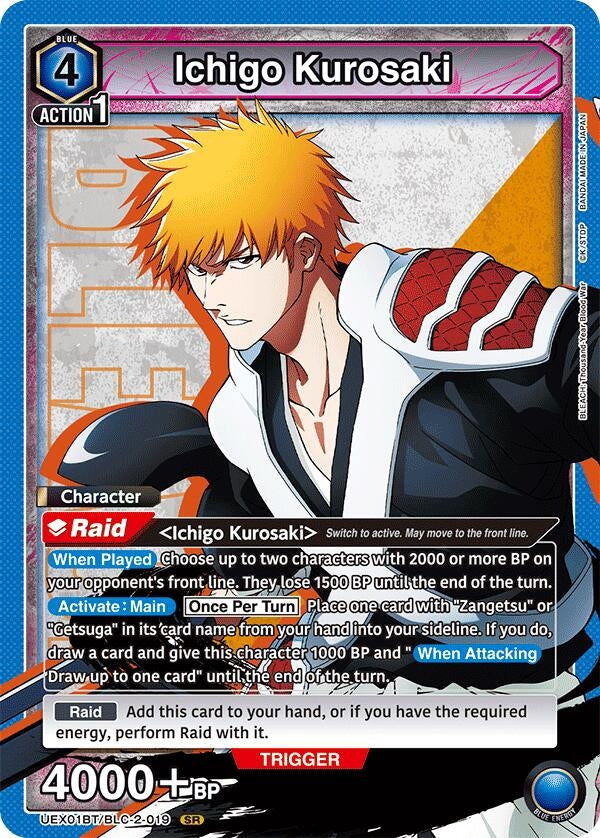 Ichigo Kurosaki trading card featuring vibrant artwork and game details, including abilities and stats for gameplay.
