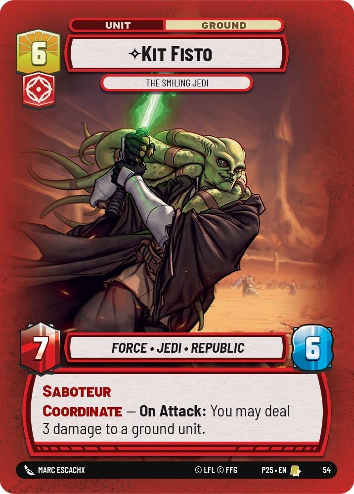 Kit Fisto card featuring the Smiling Jedi with green tentacle-like headtails, showcasing stats and abilities for gameplay.