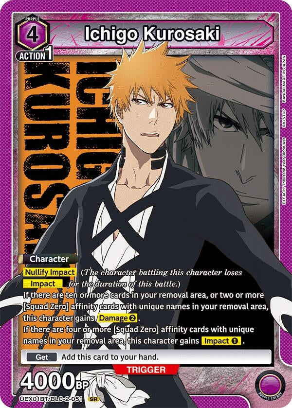 Ichigo Kurosaki trading card featuring character details, abilities, and game mechanics for strategy gameplay.