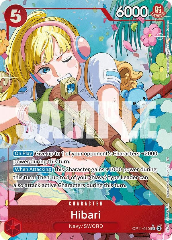 Alternate art card of Hibari from OP11, featuring vibrant colors and playful design, showcasing her abilities and stats.
