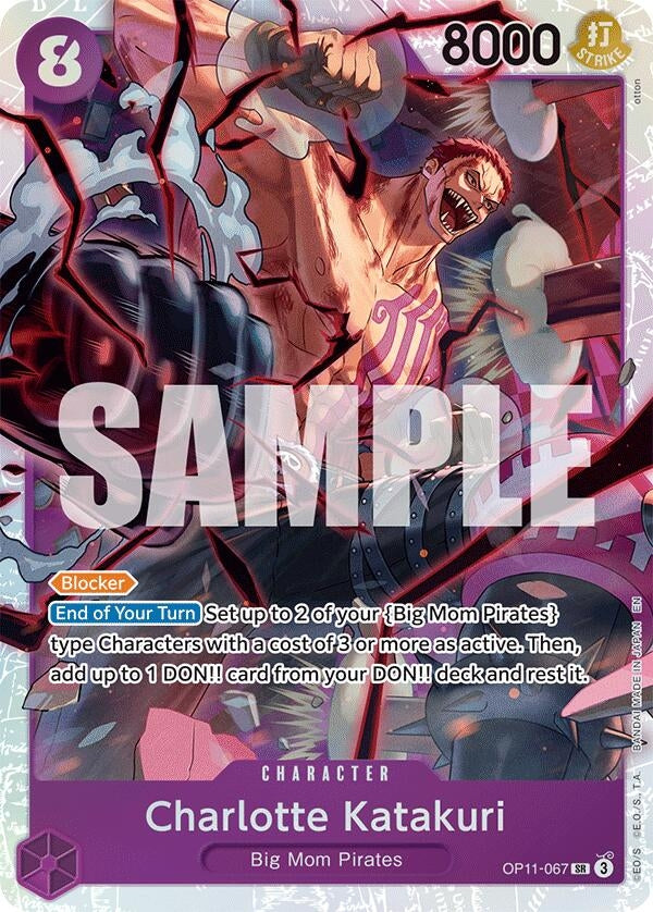 Charlotte Katakuri card from One Piece featuring a powerful character with 8000 attack, labeled as a Blocker.