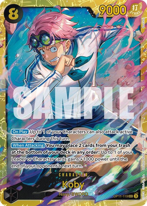 Koby character card from OP11 with 9000 power, featuring vibrant artwork and gameplay instructions for strategy enthusiasts.