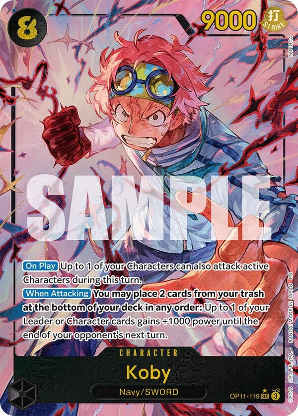 Alternate art card of Koby from OP11. Features Koby in a dynamic pose, showcasing his abilities and stats.