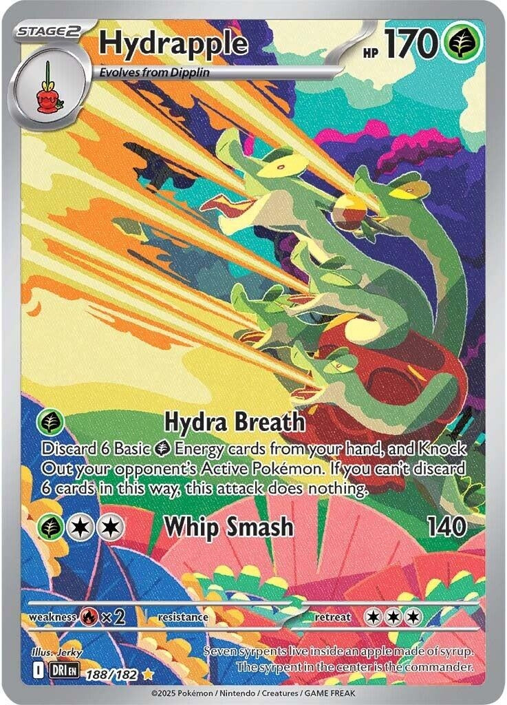 Hydrapple card from the Pokémon Trading Card Game featuring Hydra Breath and Whip Smash attacks, with 170 HP.